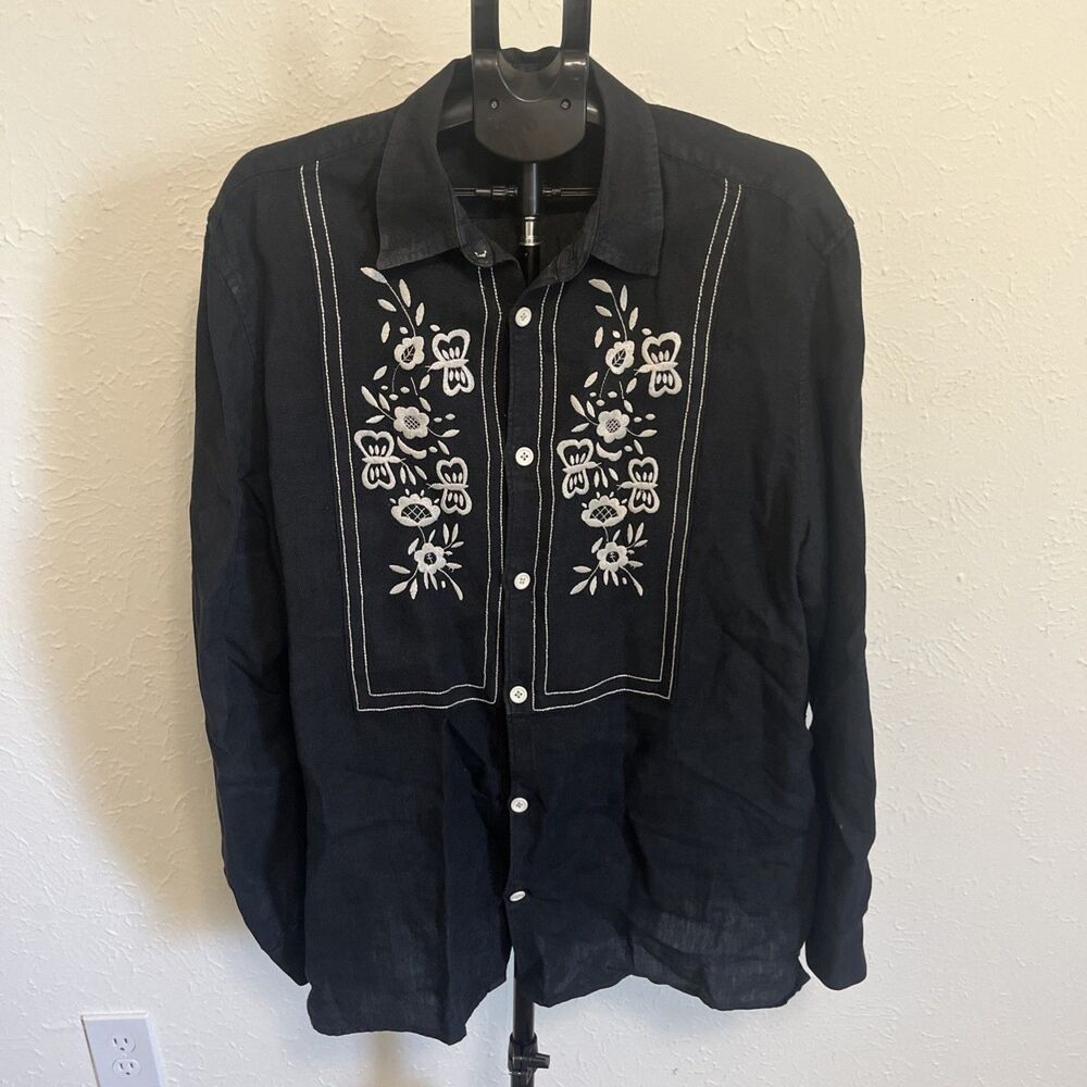 LUCKY BRAND Men's Dungarees Linen L/S Shirt Button Front Embroidered Black XL - Picture 4 of 10